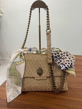 Kurt Geiger Beige Woven Crossbody with Gold Chain & Scarf Accents